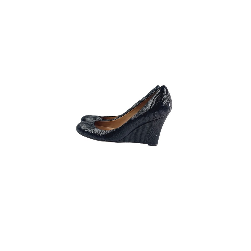Ann Taylor, Round toe Leather Peep-toe Wedge Heels, Women, Size 7.5, Black. AH